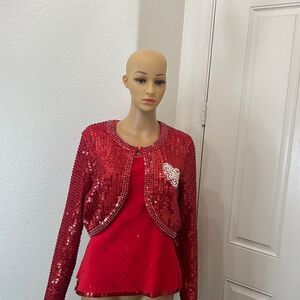 Berek Takako Sakon Sweater Cropped Bolero Set Medium Sequined Beaded Red White
